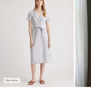 Quince NWT 100% European linen button front dress with pockets. Navy and white.